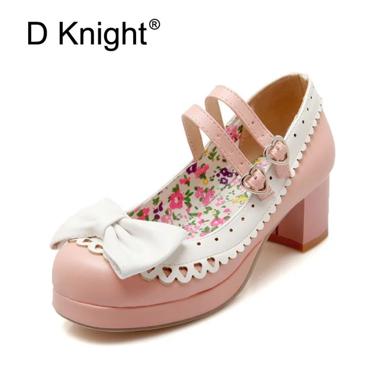 

Sweet High Heels Lolita Shoes Japanese Princess Bowtie Single Women's Thick Heel Pumps Strap Pink Platform Women Mary Janes Shoe