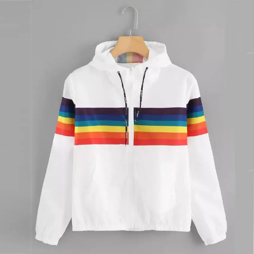 

FeiTong Autumn Fashion Windbreaker Jacket Women Rainbow Color Zipper Pockets Coats Casual Long Sleeves Feminino Basic Jackets