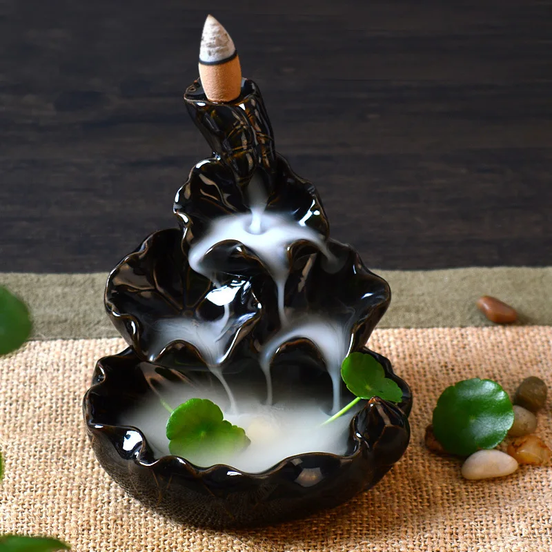 Black Porcelain Backflow Ceramic Censer Cone Incense Burner Holder Buddhist 