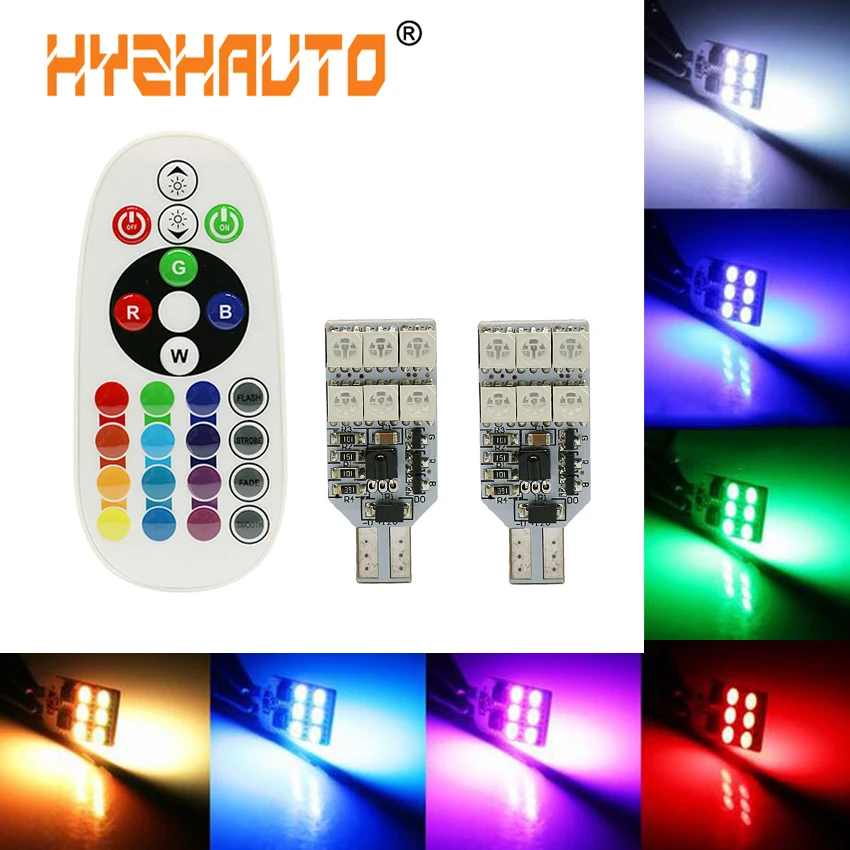 

2Pcs T10 RGB W5W LED Clearance Lights 16 Colors With Remote Control 5050 LED 6/12 SMD 194 168 RGB Flash Bulbs Car Reading lights