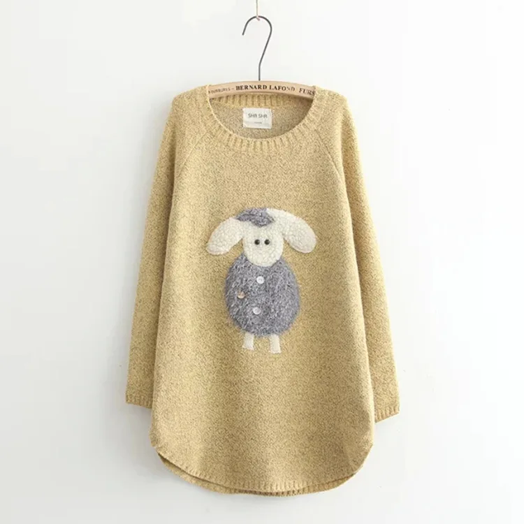 Mori Girl пуловеры осень зима новые женские милые Мультяшные овечки Патч О-образный вырез длинный рукав свободный длинный вязаный свитер