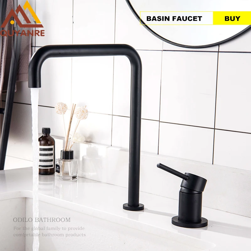 

Quyanre Matte Black Basin Faucets 2 Holes Single Handle Hot Cold Water Mixer Tap Deck Mounted 360 Rotation Basin Sink Faucet