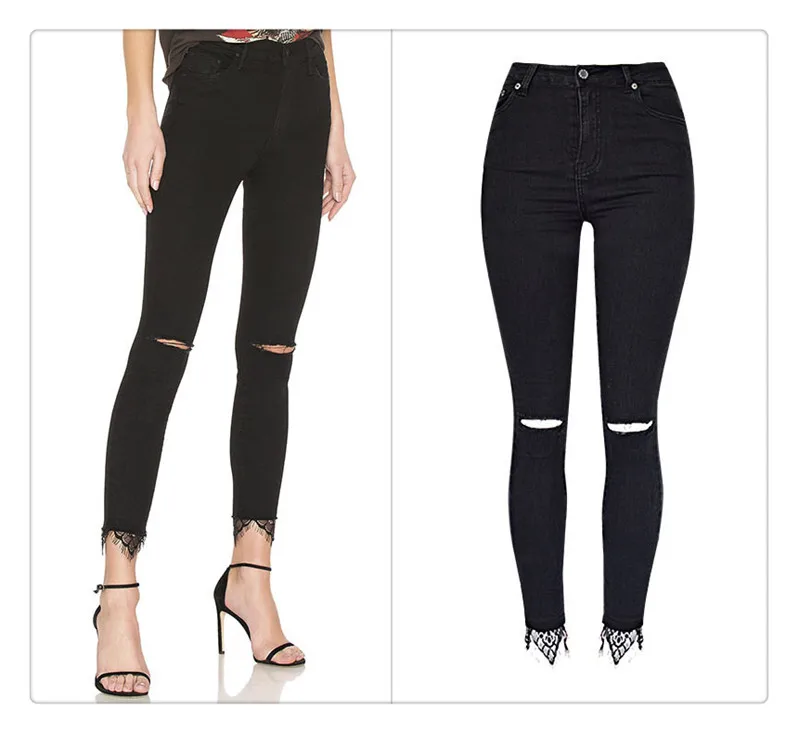 European and American women's wear high waist slender body elastic wash knees broken holes jeans nine trouser leg stitching lace super popular (1)