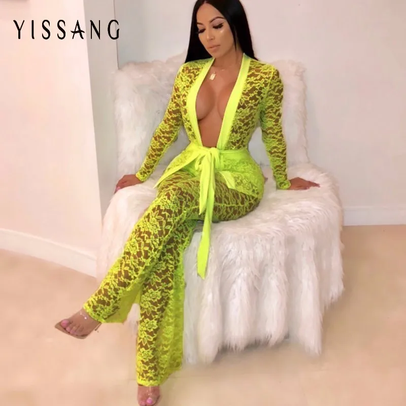 Женский костюм Yissang неоновый/зеленый облегающий из двух предметов с длинным