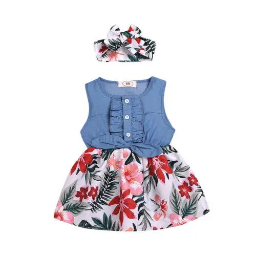 

girls summer dress New Toddler Kids Baby Girl Sleeveless Dress Headband 2pcs Summer Outfits Clothes 1-6T