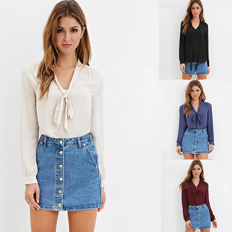 Women Blouses Summer Multicolor long-sleeved Slim Shirt Beautifully Designed Sweet V-neck Tie Bow Chiffon |