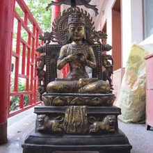 Bi003367 4" Большой Тибет Народная Религия Бронзовый Gild Лев Кван-инь Гуань Инь Статуя будды