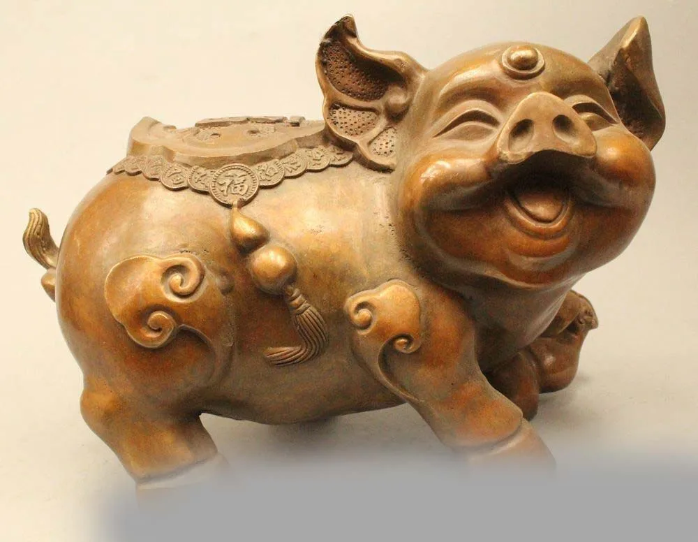 

8" Lucky China Chinese Folk Fengshui Bronze Money Wealth Zodiac Year Pig Statue