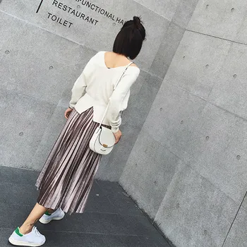 

Droppshiping Women Autumn Pleated Skirt Velvet High Waist Vintage Patchwork Casual Female Skirts dg88