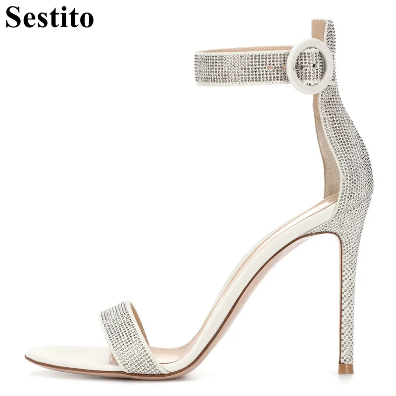 

Fashion New Bling Crystal Summer Casual Sandals Peep Toe Thin Heels Women Sandals Buckle Strap High Heels Party Sexy Women Shoes