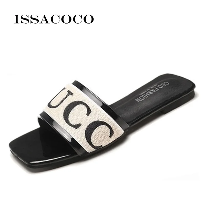 

ISSACOCO Women's Slippers Simple Letter Design Flip flop Outside Beach Slippers Street Fashion Mules Flip Flops Home Slippers