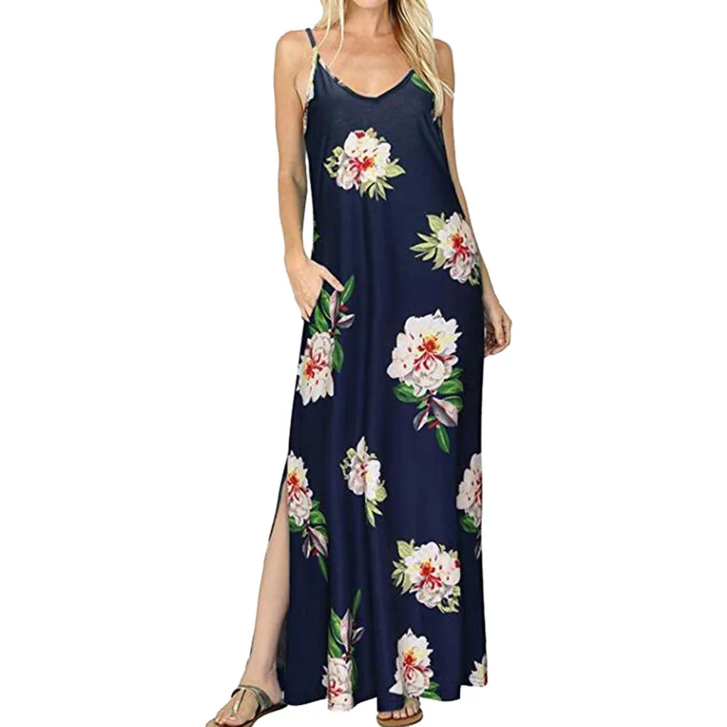 

Women Sling V-neck Strap Print Split Casual Dress With Pockets