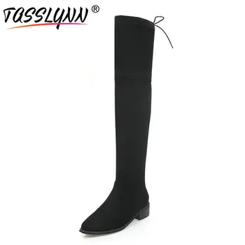 

TASSLYNN 2018 Women Boots Square Med Heels Party Shoes Women Over The Knee Boots Pointed Toe Flock Lace Up Winter Shoes Size 43