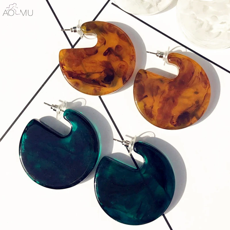 

AOMU Exaggerated Acetate Acid Transparent Opal Stone Geometric U Shape Round Circle Big Hoop Earrings for Women Girl Summer