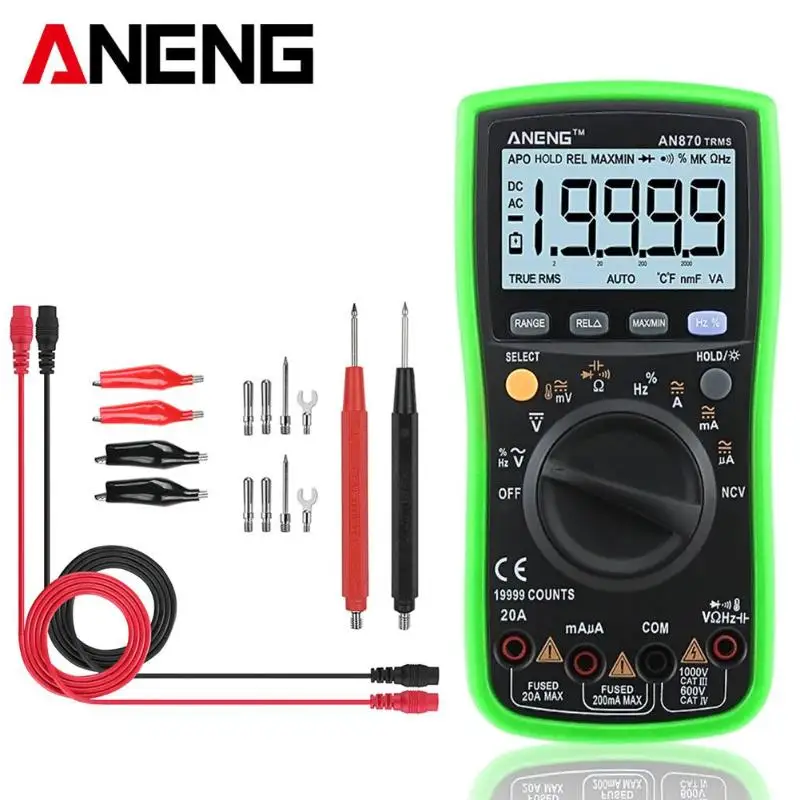 

AN870 Auto Range Digital Precision Multimeter True-RMS 19999 COUNTS NCV Ohmmeter AC/DC Voltage Ammeter Transistor Tester