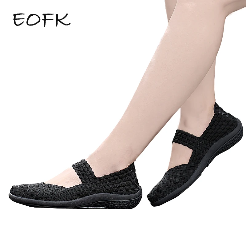 Eofk New Summer Women Mary Janes Comfortable Hand Handmade Woven Slip-on Nylon Plaid Round Toe 