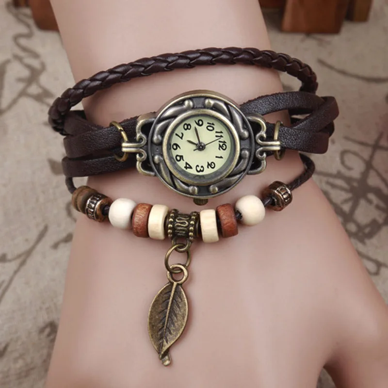 Женские наручные часы с кожаным браслетом в винтажном стиле, кварцевые часы с браслетом, подарок в виде листа, рождественские часы# YL5
