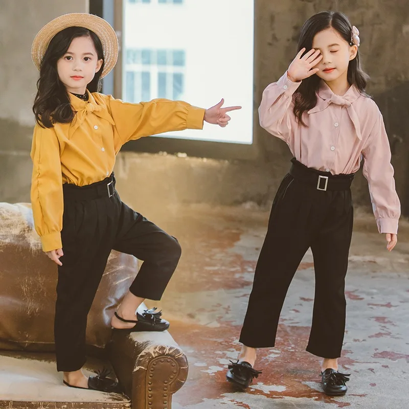 

New Girls School Blouse+ Pant 2 Pcs Fashion Children Clothing Set Teenage Princess Shirts Twinsets Kids Clothes