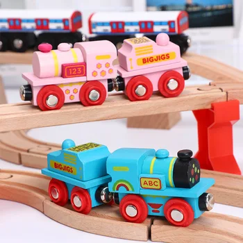

Wooden Train with 2 Sections of Track Can Be Connected to Wooden Train Track Toy Children's Puzzle Hand Push Delicate Toy Car