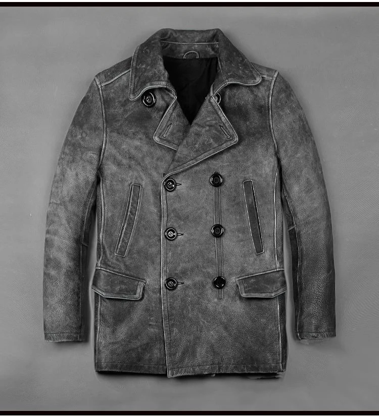 2017 Men's Vintage Gray Motorcycle Leather Jacket 100% Genuine Thick Cowhide Male Suit Coats M-XXXL