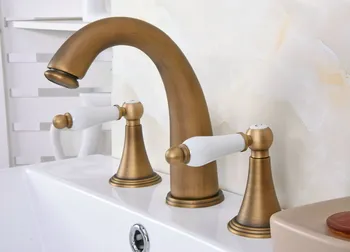 

Antique Brass White Dual Ceramic Levers Handles Widespread 3 Hole Install Bathroom Sink Basin Faucet Mixer Taps aan083