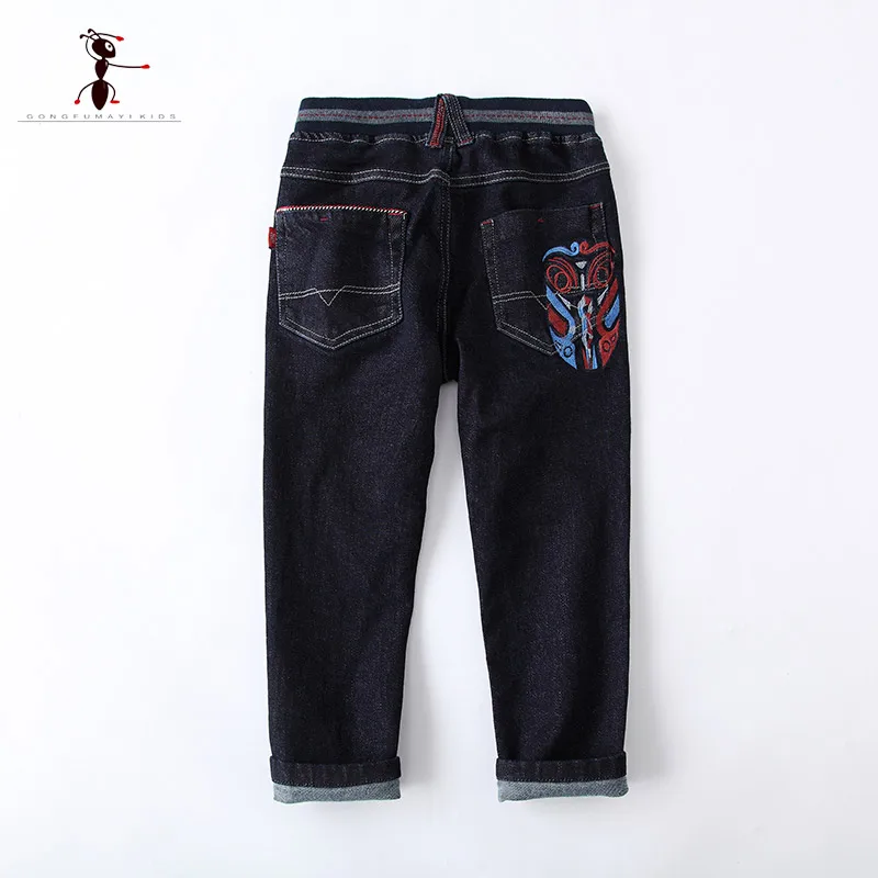 Kung Fu Ant/модные Осенние эластичные пояс Повседневное плотные брюки для мальчиков школьного возраста, брюки, джинсовая ткань, джинсы для детей 73339