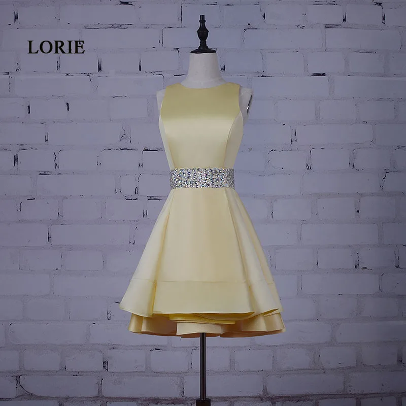 

LORIE Short Prom dress for Graduation Beaded Sashes Real Yellow Sath Party Dress Rhinestones A-Line Cocktail Homecoming Dress