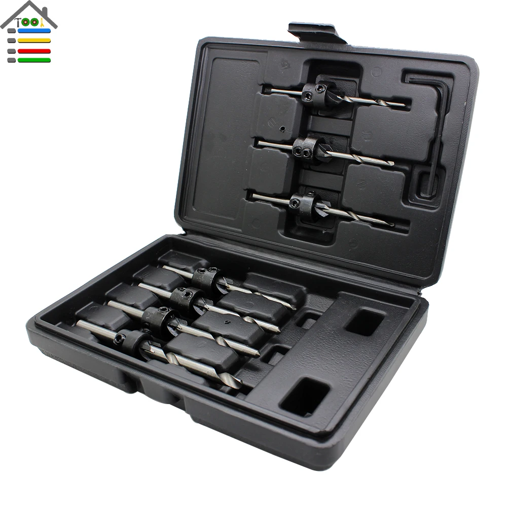 

AUTOTOOLHOME Countersink Drill Bits Set Core High Speed Steel With Adjustable Depth Stop Collar Wood Woodworking Hole Saw Tools