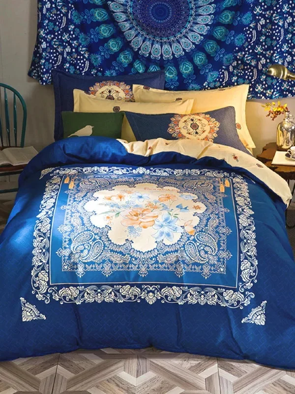

Bohemia Style Bedding Set Flower Pattern Printed Dark Blue Duvet Cover Set Pillowcases Bed Linen Cushion Cover Home Textile