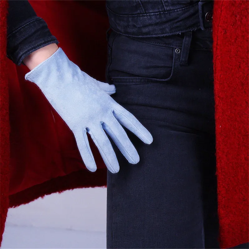 Woman's Suede Gloves Short Style Simulation Leather Brushed Suede Matte Dermabrasion Light Blue 21cm Female Mittens TB112 Woman's Suede Gloves Short Style Simulation Leather Brushed Suede Matte Dermabrasion Light Blue 21cm Female Mittens TB112