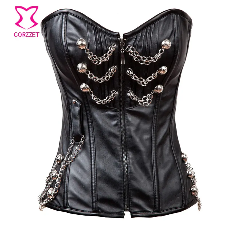 Buy Front Zipper&Chains Black Leather Corset Overbust Steampunk Clothing
