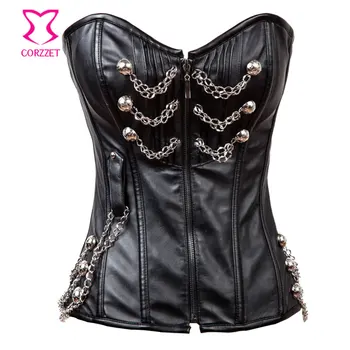 

Front Zipper&Chains Black Leather Corset Overbust Steampunk Clothing Corselet Corsets And Bustiers Gothic Korsett For Women Sexy