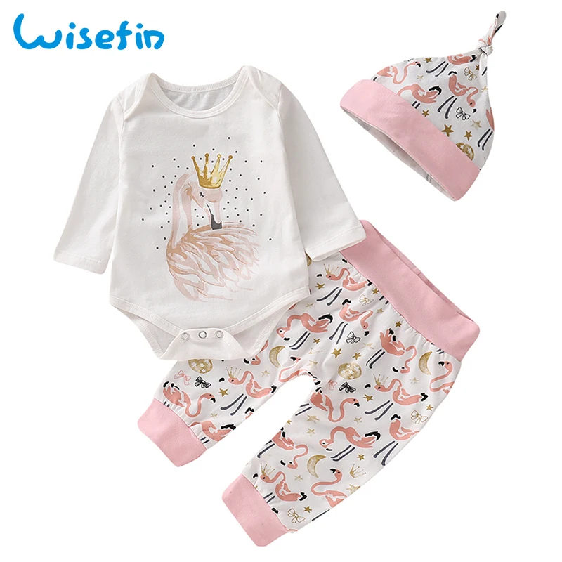 Flamingo Baby Girl Clothes Set Baby Bodysuits Long Sleeve+Long Pants+Hat Cotton Newborn Clothes Baby Set Infant Clothing D30