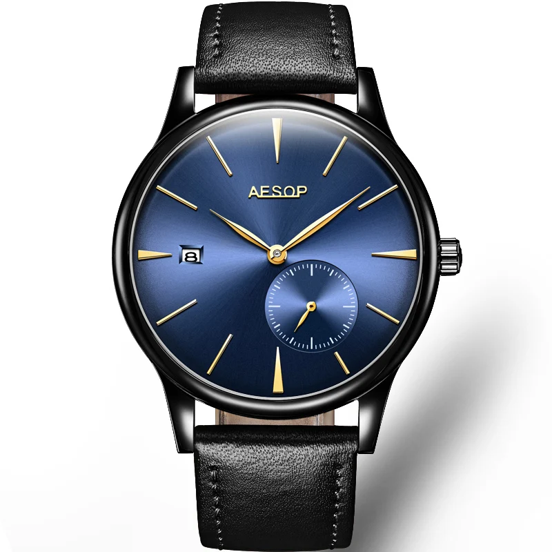 AESOP ультра тонкие автоматические механические часы для мужчин Сапфировая Кожа Мужские наручные часы Мужские часы Relogio Masculino - Цвет: Blue black L B