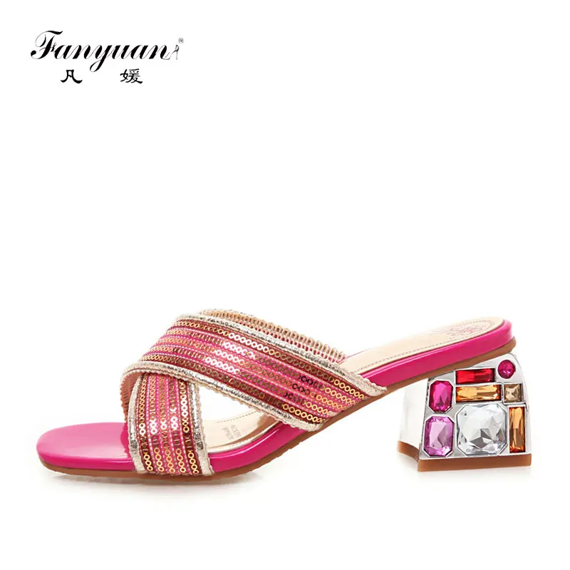 

Fanyuan Fashion Mixed Colors Sequined Cloth Slippers Summer Shallow Outside shoes Comfort Crystal High heels Women Slides