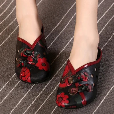 Летние шлепанцы; обувь из натуральной кожи; женские шлепанцы ручной работы с вырезами; удобные женские сандалии на плоской подошве - Цвет: Черный