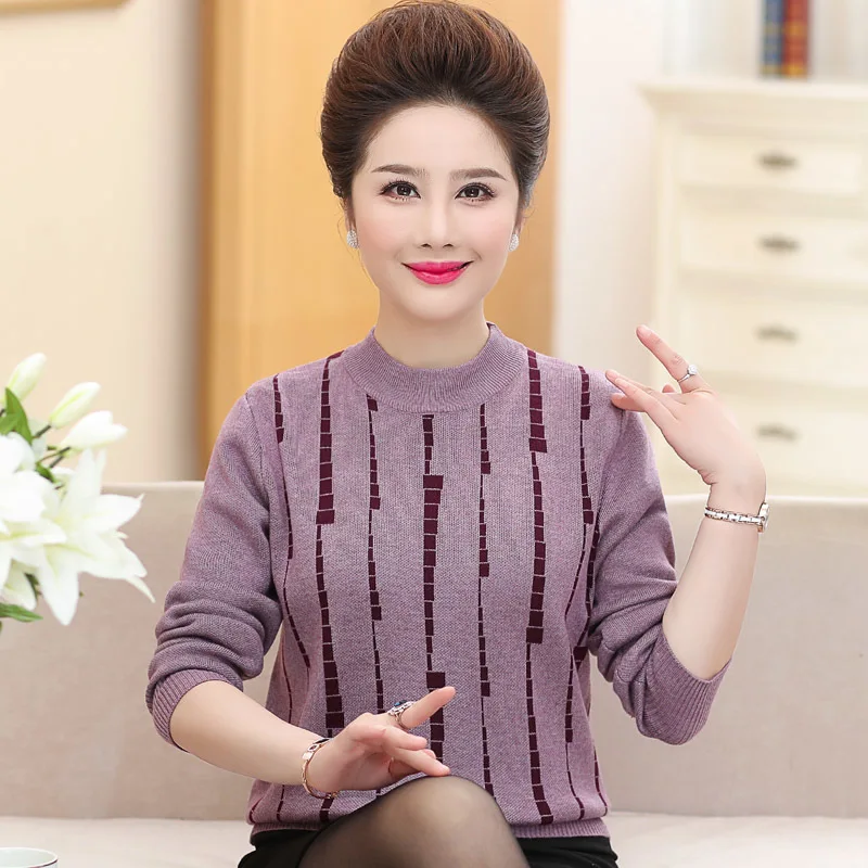 

Autumn Winter Middle Aged Womens Turtleneck Pullover Sweater Casual Long Sleeve Printed Knitted Female Jumper Oversized Sweater