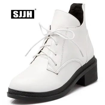 

SJJH Women Lace-up Short Boots with Round Toe Chunky Heels Short Plush Martin Ankle Boots Fashion Formal Shoes D724