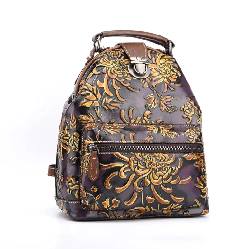 

Vintage Embossing Flower Designer Green Purple Color Genuine Leather Women's Backpack Cowhide Ladies Girls Small Bag Backpack