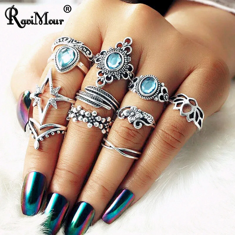 

RAVIMOUR 11PCS Statement Rings for Wome Blue Crystal Flower Feather Finger Knuckle Ring Set Indian Jewelry Vintage Silver Ringen