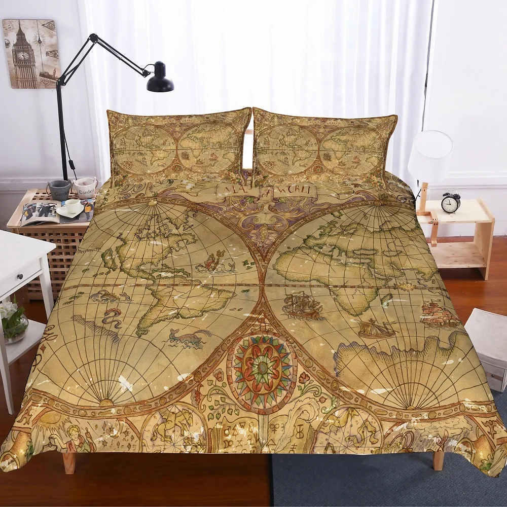 

3PCS World Map Bedding Set Vivid Printed Gold Microfiber Cover Set Super Soft Family Bed Linen Set with Pillow Sham Bedclothes