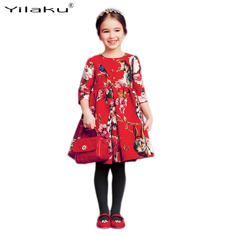 Yilaku Girl Dress Half Sleeve Animal Flower Print Princess Dresses Spring Summer Children Evening Kids Clothes CA268 | Детская одежда и
