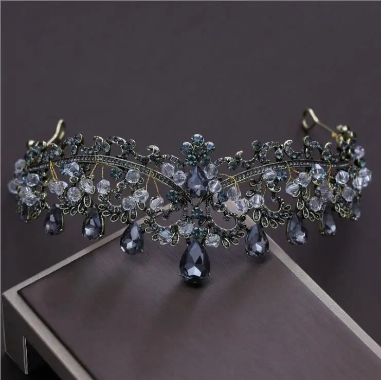Gothic Baroque Crown Wedding Tiara Bridal Headband Black Cosplay Evil Queen Pear
