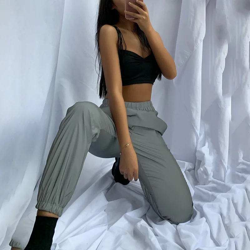 flash reflective jogger pants autumn winter women casual gray solid streetwear trousers