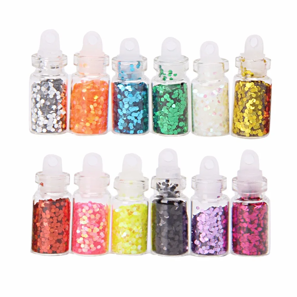 

12 Colors Mini Bottles Caviar Nail Art Manicures Tiny Hexangular Film Nail Decor