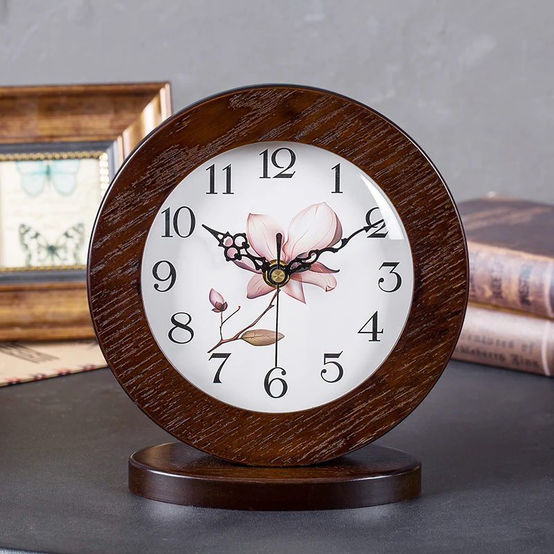 ^Cheap Brief Style Flowers Pattern Mute Table Wooden Needle Clock Office Digital Quartz Clock Home Creative Decor Ornaments Friend Gift