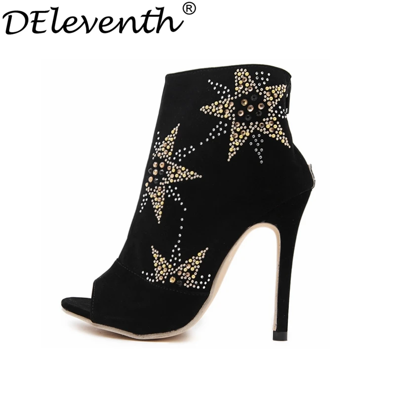 

DEleventh 2016 Spring Autumn New Fashion Star Rhinestone Zip Shoes Peep Toe High Heels Bling Sused Leather Evening Party Size40
