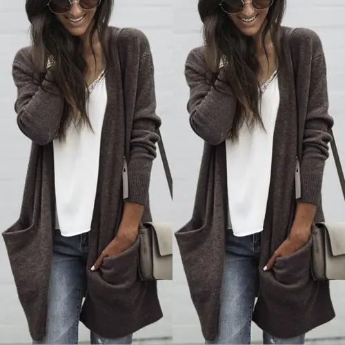 

Women Casual Solid Pocket Long Sleeve Cardigan Knitwear Sweater Coat Outwear Tops Long Clothes