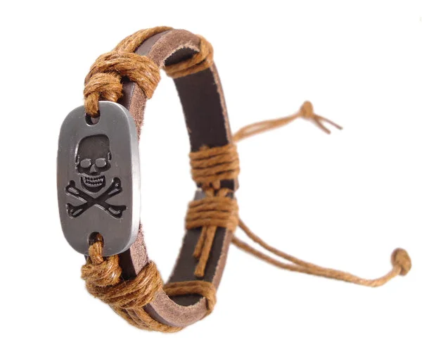 

Pirates skeleton skull symbol alloy charm handmade hemp rope genuine leather wrap belt Bracelets bangle jewelry women men