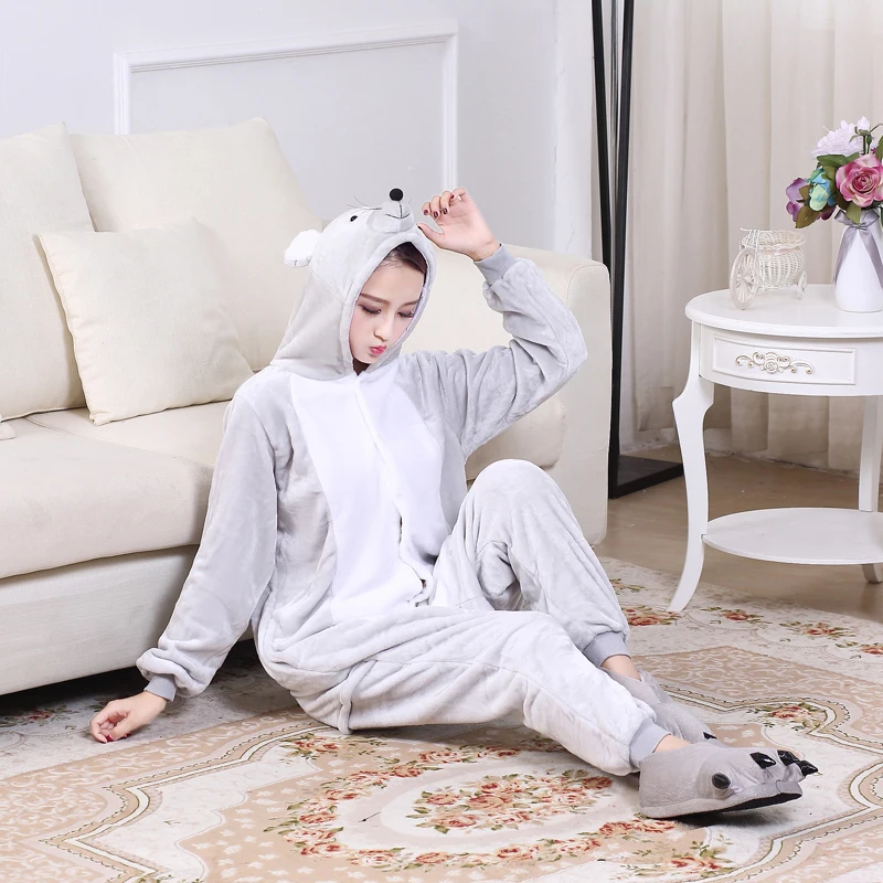 Soft Gray Mouse Onesie Flannel Warm Cute Pajamas Kigurumi Animal Sleepwear Adult For Women Cosplay home Special Costume Jumpsuit (5)